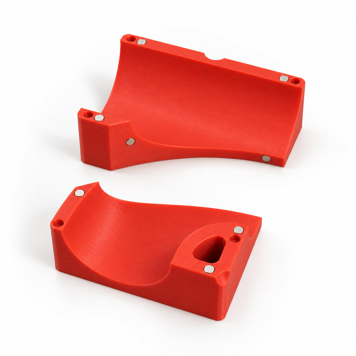1D tube block and bend block halves separated, showing the magnets on the curved face