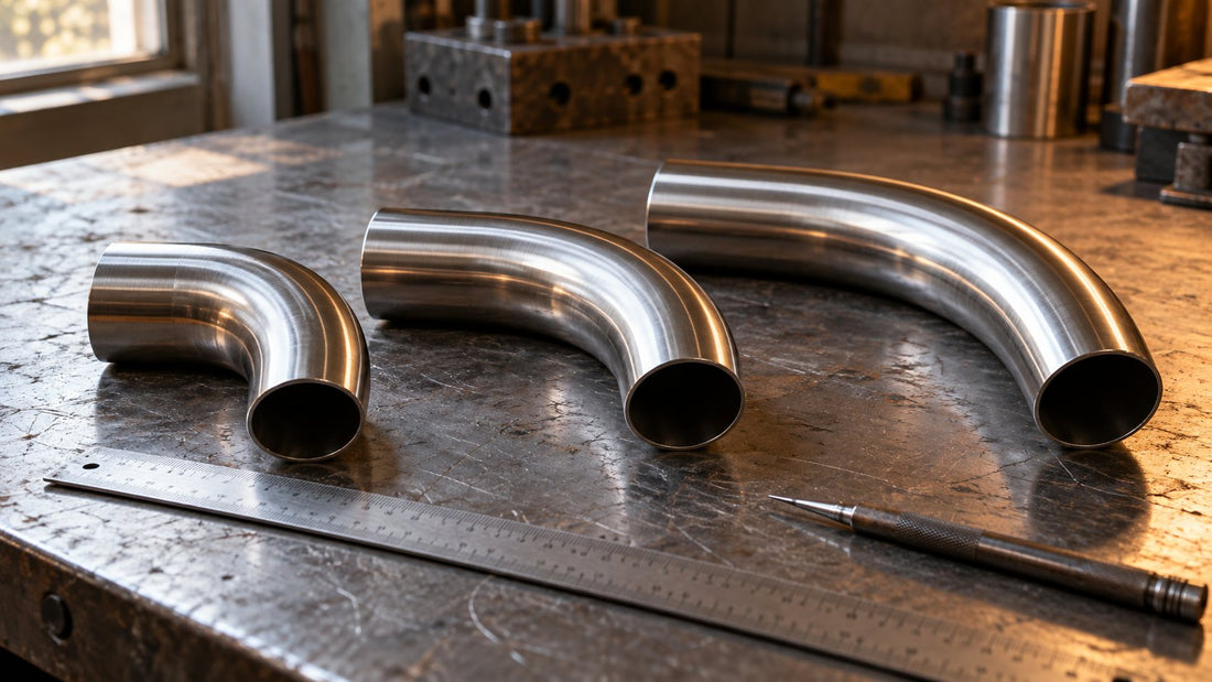 Three stainless steel 90 degree bends of increasing radius on a workshop bench
