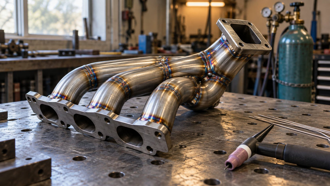Stainless steel turbo manifold primaries tacked to a head flange on a welding table