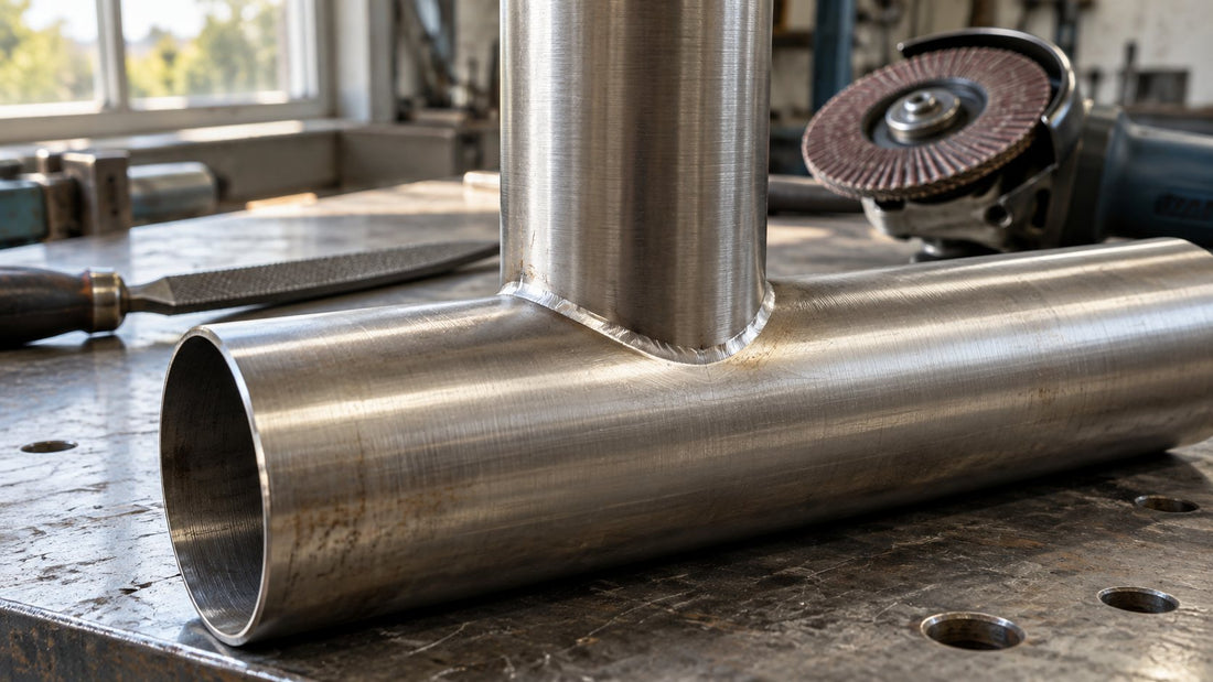 Stainless steel tube notched to sit tight against another tube in a T-joint on a welding bench
