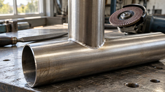 Stainless steel tube notched to sit tight against another tube in a T-joint on a welding bench