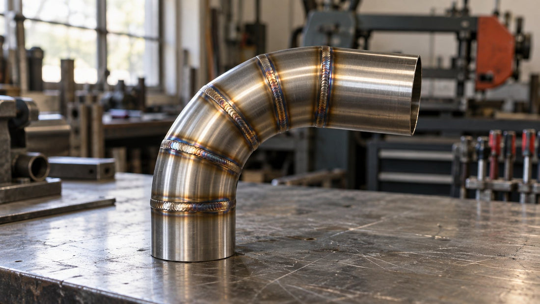 Stainless steel pie cut exhaust bend with TIG welded segments on a workshop bench