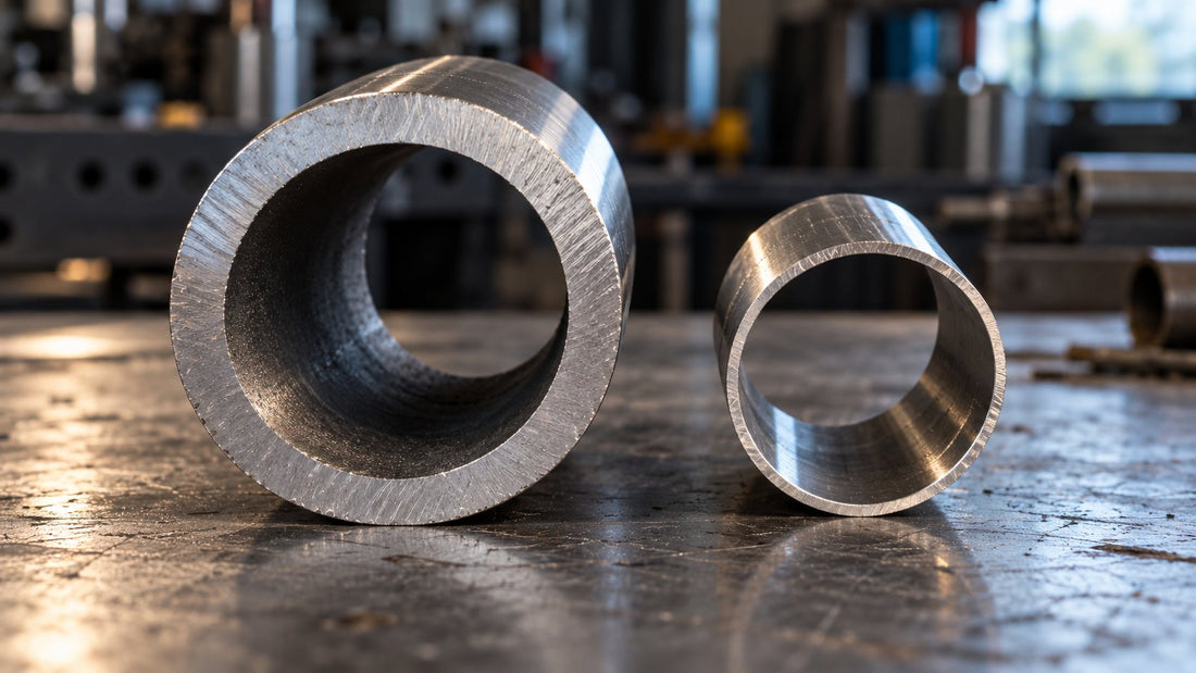 Cut ends of thick-walled stainless SCH10S pipe beside a smaller, thinner-walled stainless exhaust tube on a workshop bench