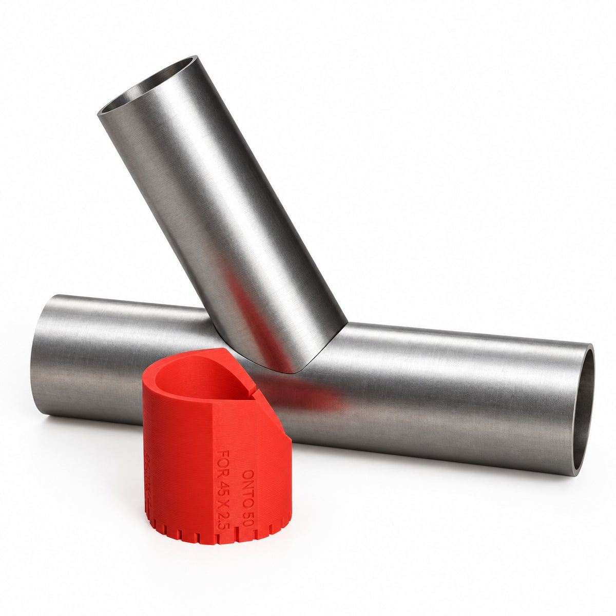 Notched tube sitting tight on another tube at 60 degrees, with the notch sleeve beside it