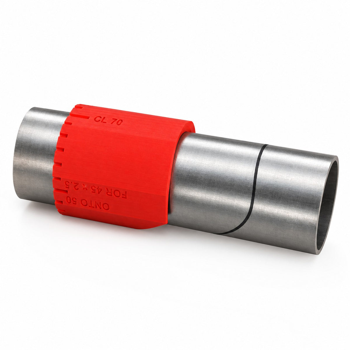 Notch line drawn round a steel tube along the edge of the sleeve, ready to cut