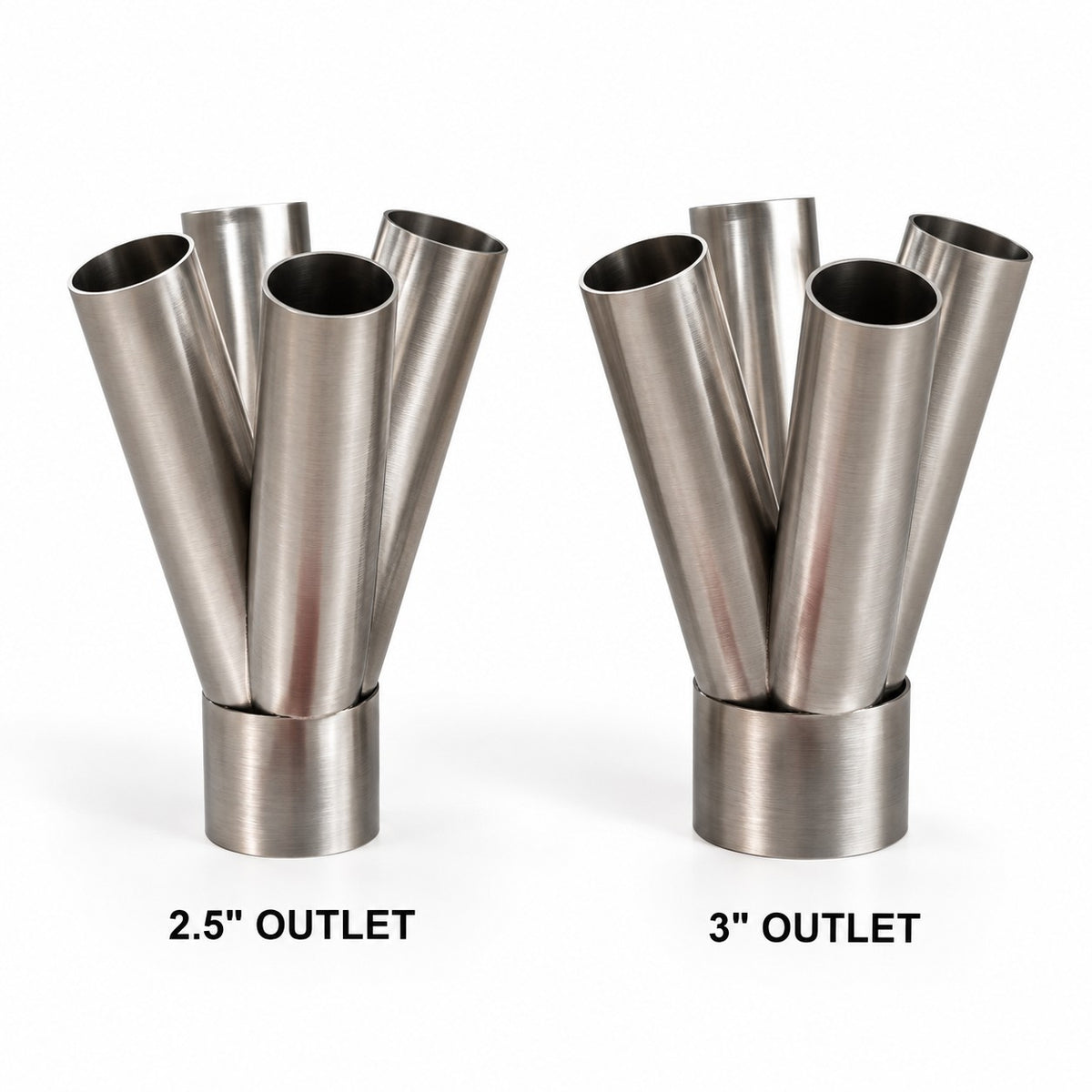 Four 1.75 inch primaries cut and merged for a 2.5 inch outlet and for a 3 inch outlet