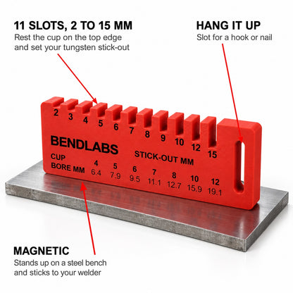 Stick-out gauge features: 11 slots from 2 to 15 mm, a hanging slot and a magnetic base