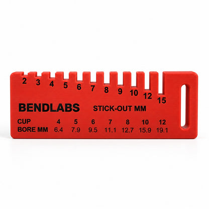 Front of the stick-out gauge: slot depths in mm, BENDLABS and the cup number to bore chart
