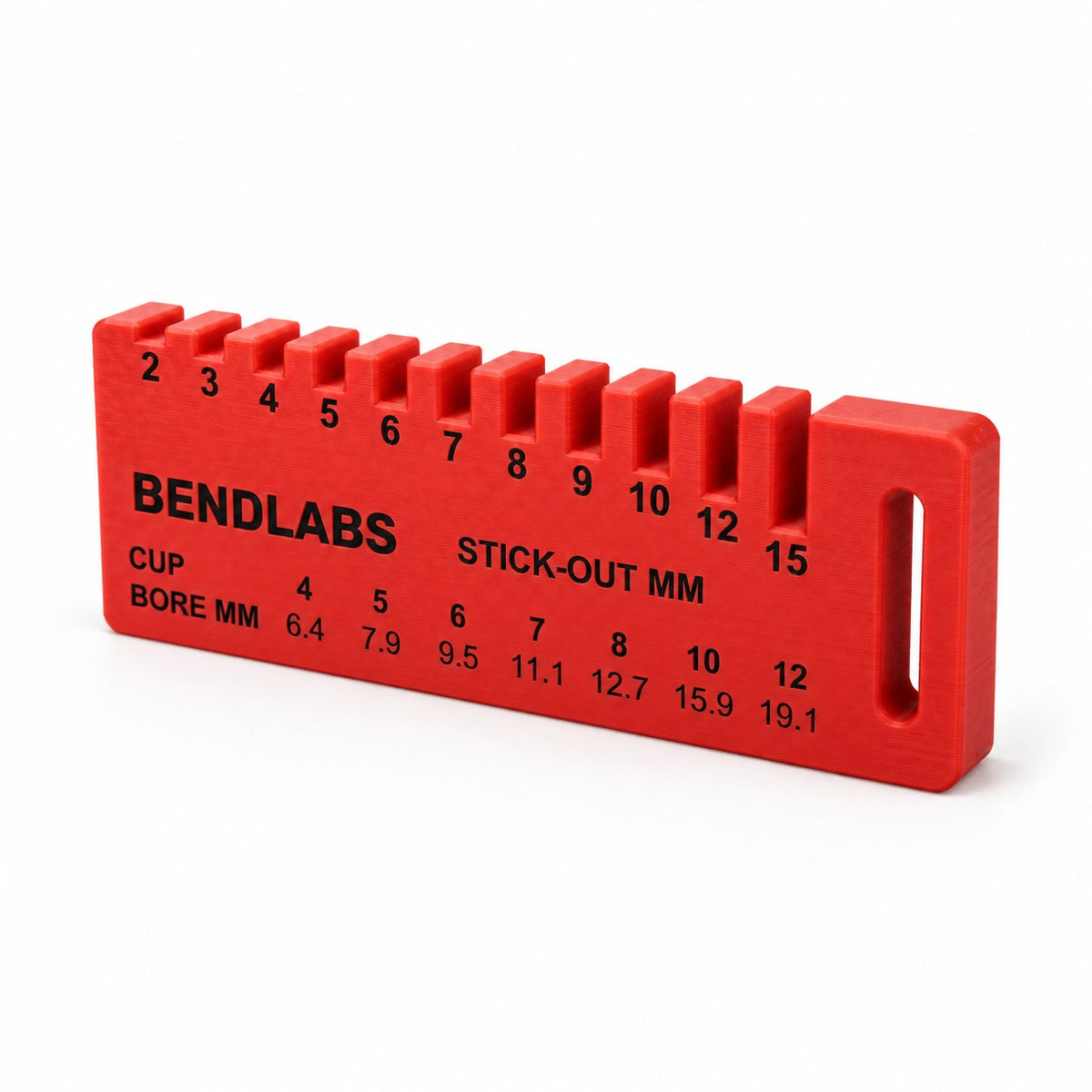 Bendlabs TIG tungsten stick-out gauge in red with 11 slots from 2 to 15 mm