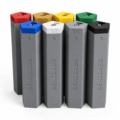 Eight Bendlabs tungsten holder tubes with colour-coded lids for each tungsten type