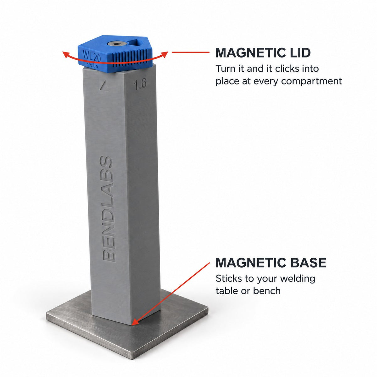 Tungsten holder tube on a steel plate: the magnetic lid clicks into place at every compartment and the base is magnetic