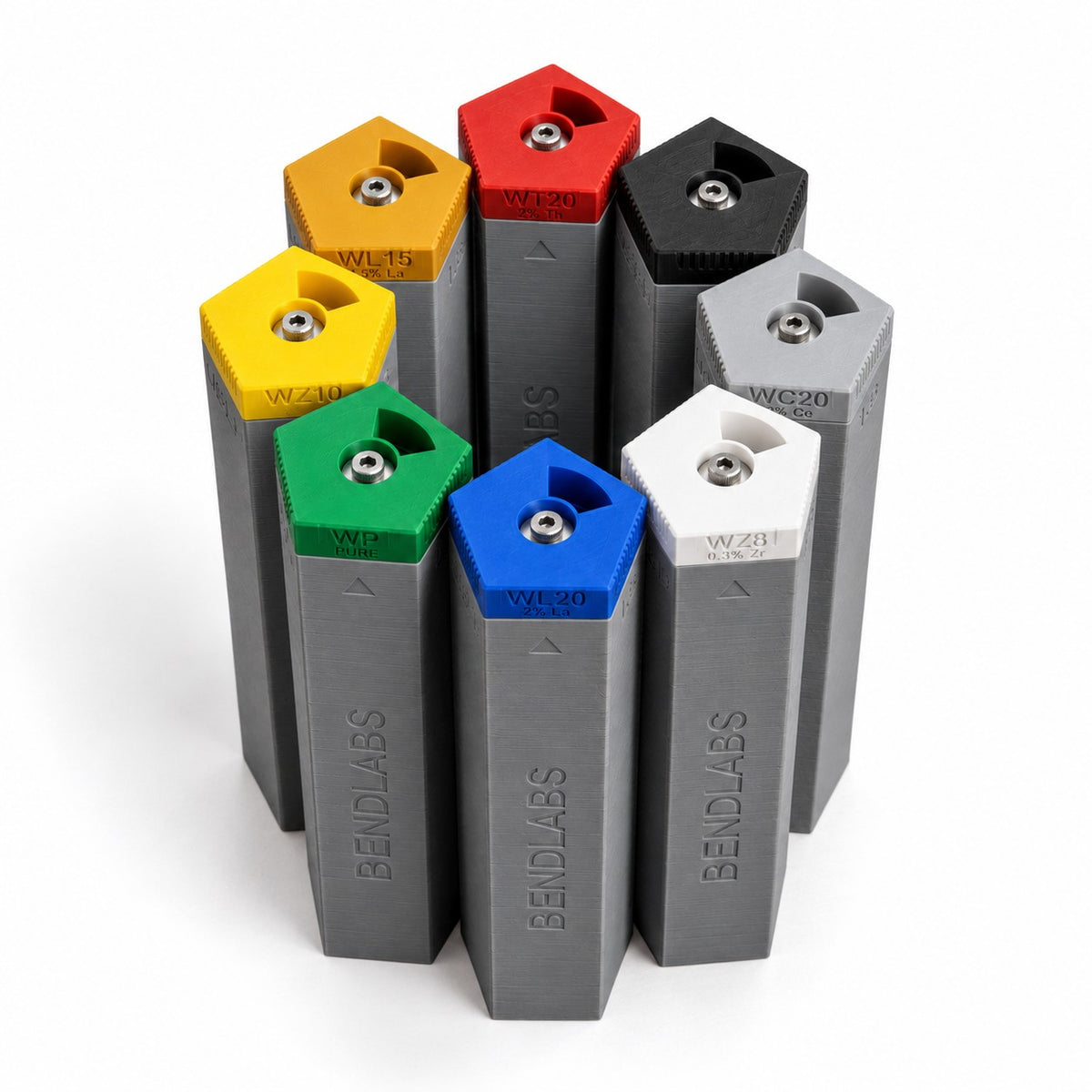 Tungsten holder tubes standing in a ring, seen from above, lids in eight colours