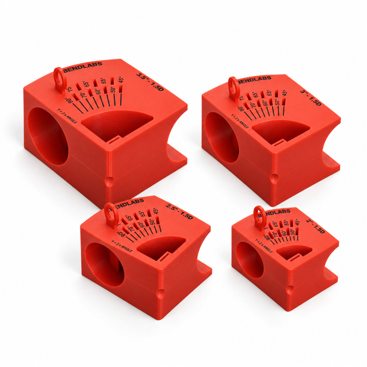 Y merge cutting blocks for 1.5D bends in four tube sizes